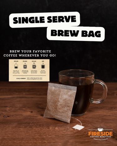 Single Serve Brew Bag promo graphic with a coffee brew bag beside a glass mug