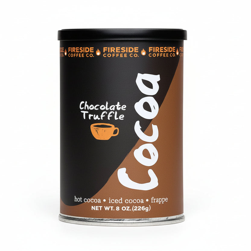 A canister of Fireside Chocolate Truffle cocoa mix .