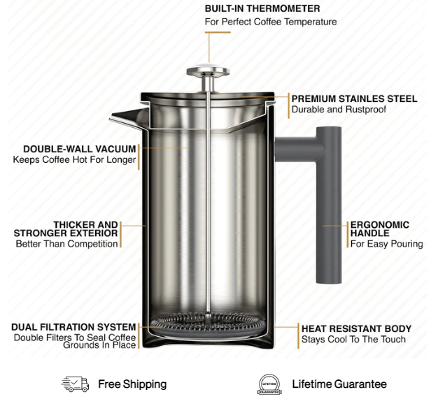 French Press with Thermometer Insulated Stainless Steel Coffee Maker