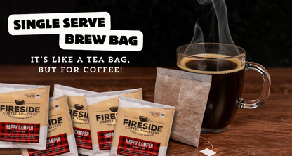 Single Serve Brew Bag banner: foil sachets beside a glass mug of coffee steeping a brew bag